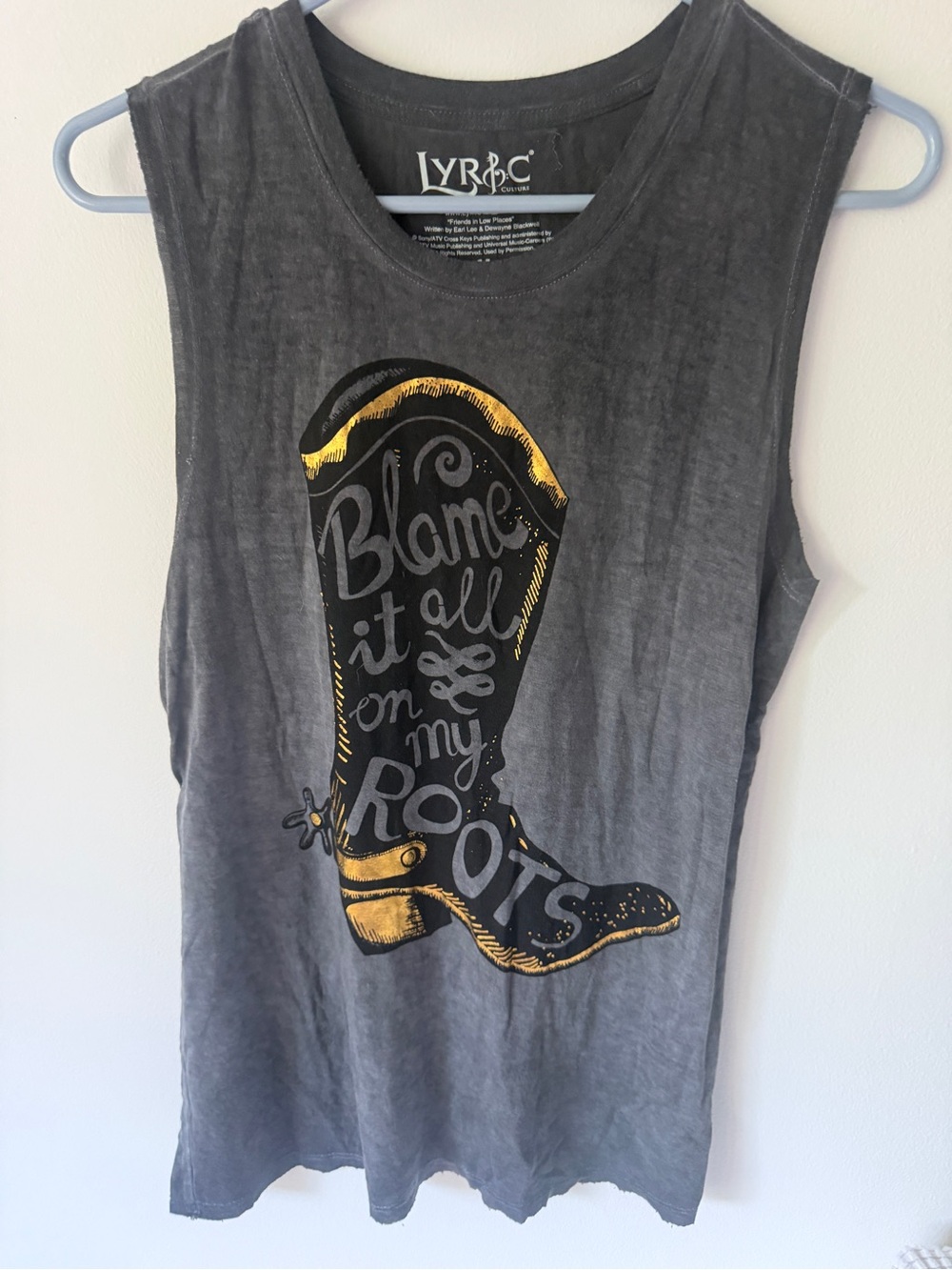 Gray Washed Tank Top with Yellow Boot Graphic